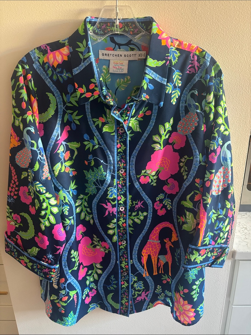 Gretchen Scott XL Navy Floral-Print Button-Up Top